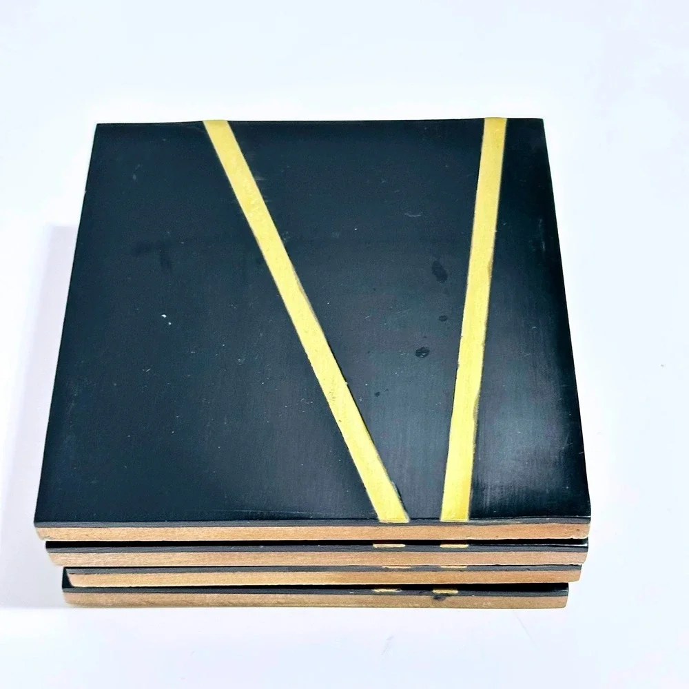 80's Black and Gold Geometric Square Coasters Set of 4 Art Deco‎ Style Wood